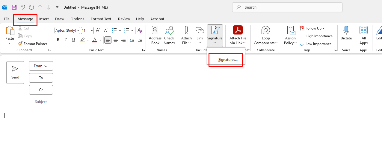 Opening signature settings